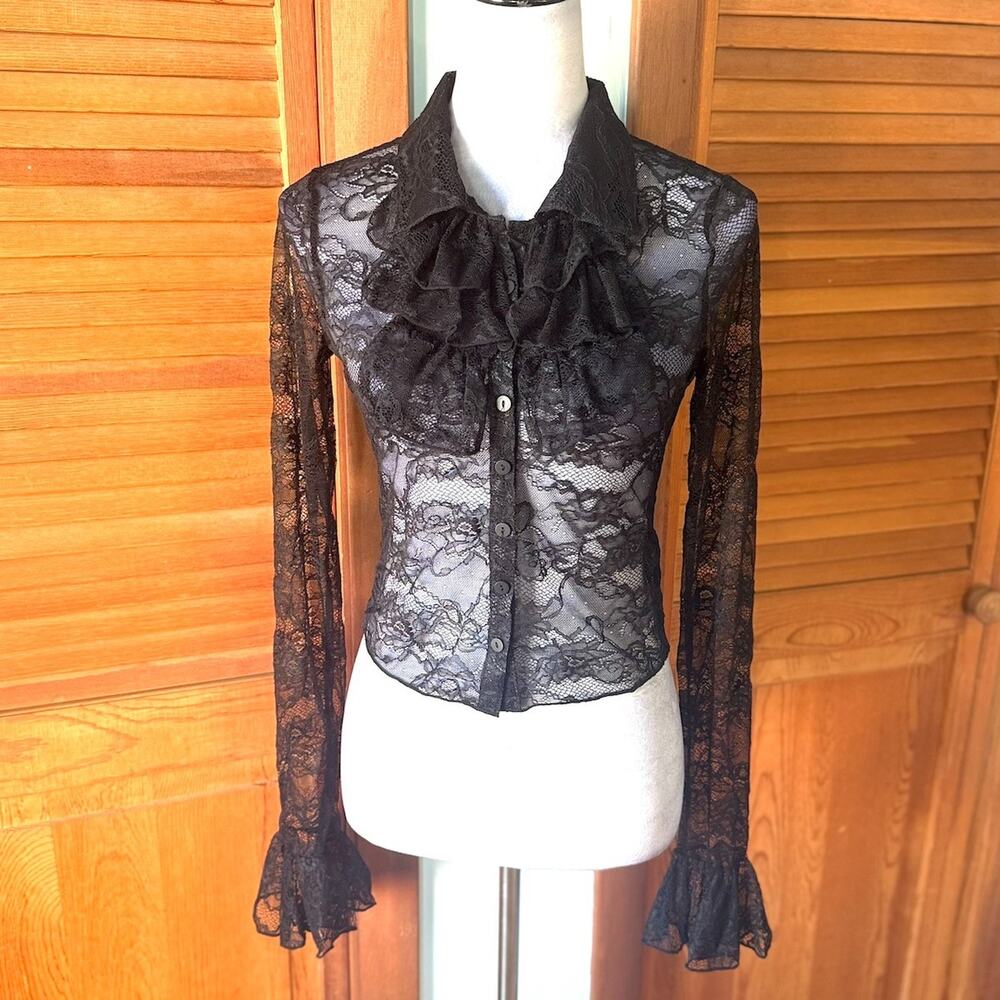 Dolls Kill Gothic Victorian Vampire Vkei Black Lace Jabot Ribbon Bow Top L - Picture 7 of 8